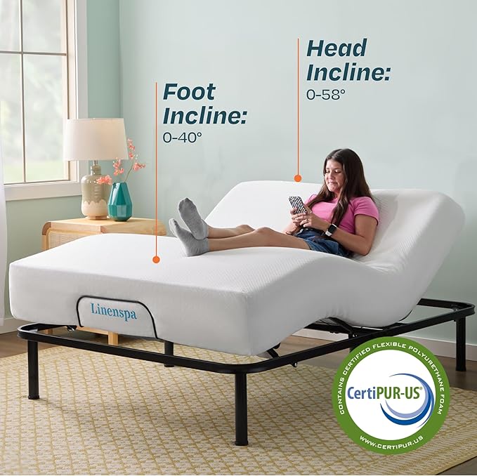 Linenspa Adjustable Bed Frame - Independent Head and Foot Incline - Powerful Quiet Motor - Easy Tool Free Assembly - Lounge - Watch TV - Working - Reading - Ergonomic - Electric Bed Base - Queen Size