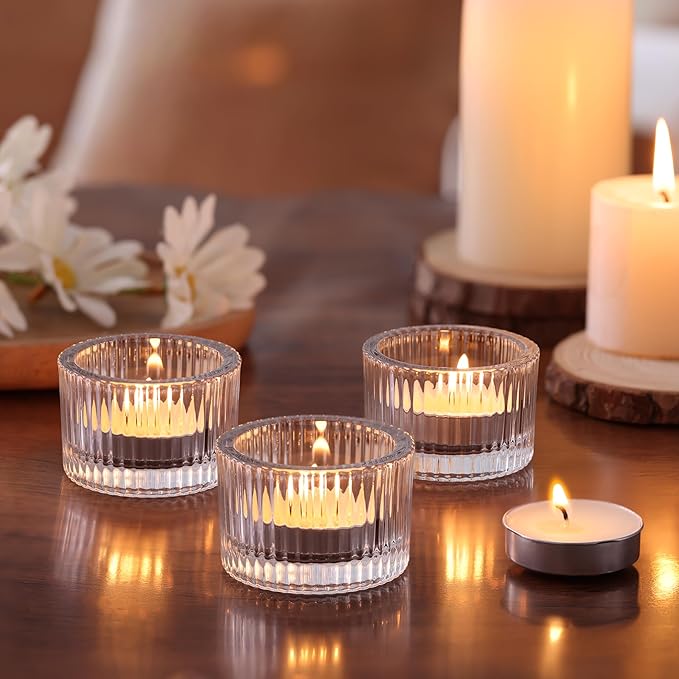12Pcs Clear Votive Candle Holders with 20pcs Tea Light Candles, Ribbed Tealight Candle Holder Glass for Wedding Table Centerpiece, Home Decor, Party Decor