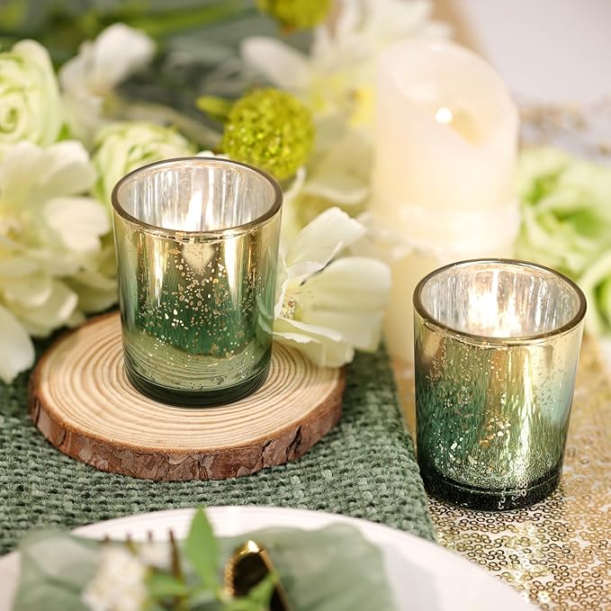 Volens Green Votive Candle Holders Set of 12, Speckles Mercury Glass Tealight Candle Holder Bulk for Table Wedding Centerpiece, Green and Gold Party Decorations & Home Decor