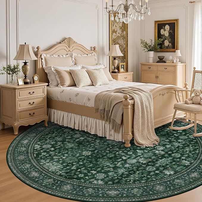 Round Area Rug for Living Room: 4ft Boho Washable Rug Deep Green | Vintage Boho - Image 4