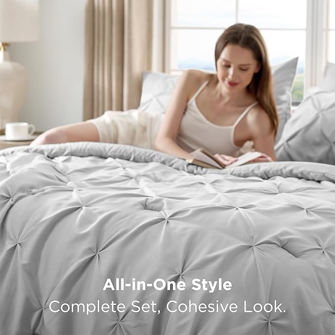 Bedsure Full Size Comforter Sets - Bedding Sets Full 7 Pieces, Pintuck Bed in a Bag Light Grey Bed Set with Comforter, Sheets, Pillowcases & Shams