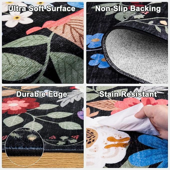 PLHXFR 2.6x10 Washable Runner Rug：Floral Indoor Kitchen Soft Carpet Black | - Image 7