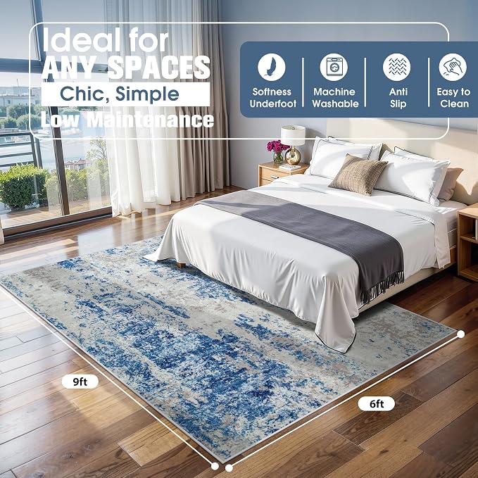 6x9 Area Rugs for Living Room Washable Bedroom Dining Room Blue Grey White | - Image 2