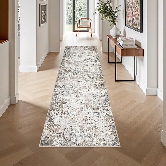 2.6x10 Washable Runner Rug:Modern Abstract Indoor Soft Carpet Brown | - Image 2