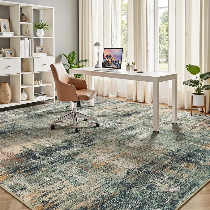 8x10 Area Rug for Living Room, Abstract Washable Large Rugs, Coffee/Green | - Image 6