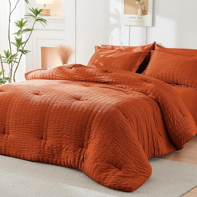 HYMOKEGE Burnt Orange Full Size Comforter Sets Seersucker 7 Pieces, All Season Luxury Bed in a Bag for Bedroom, Bedding Set with Comforters, Sheets, Pillowcases & Shams
