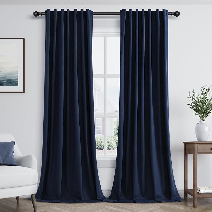 Navy Blue 100% Blackout Curtains 90 Inch Length 2 Panels Set by Guken