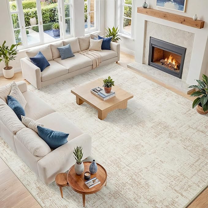 10x12 Area Rug for Living Room Bedroom: Non-Slip Modern Beige White | Machine by Oriannal