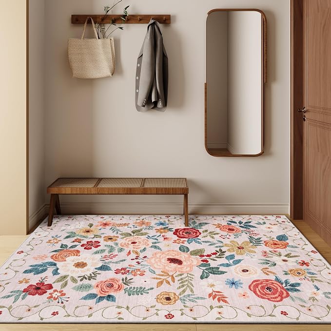 DUKINO 4x6 Area Rug, Floral Washable Rug Non Slip Office Chair Mat, Stain - Image 6