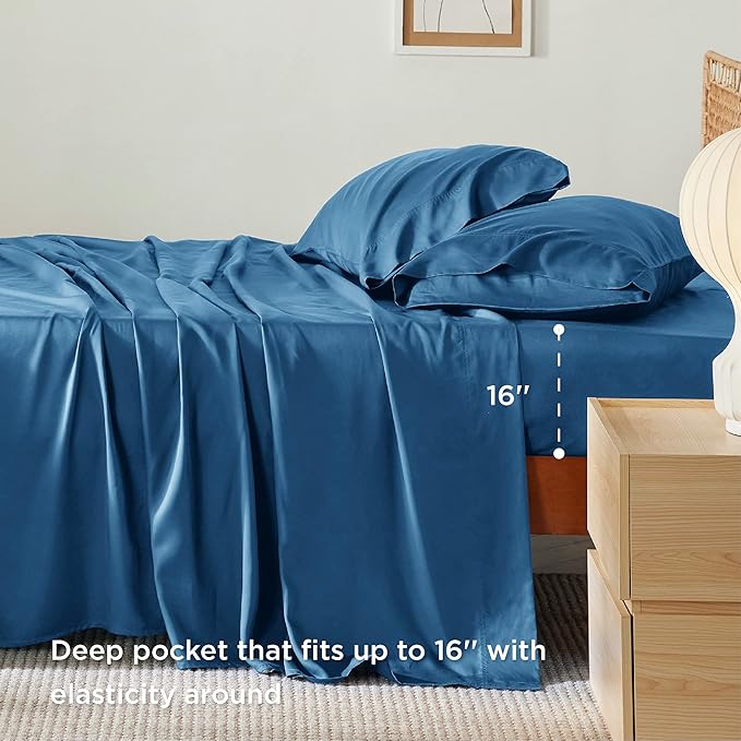 Bedsure Cooling Sheets Twin XL, Rayon Derived from Bamboo, Breathable & Soft Twin XL Sheet Sets, Deep Pocket Up to 16", Hotel Luxury Silky Dorm Bedding for Hot Sleepers, Peacock Blue