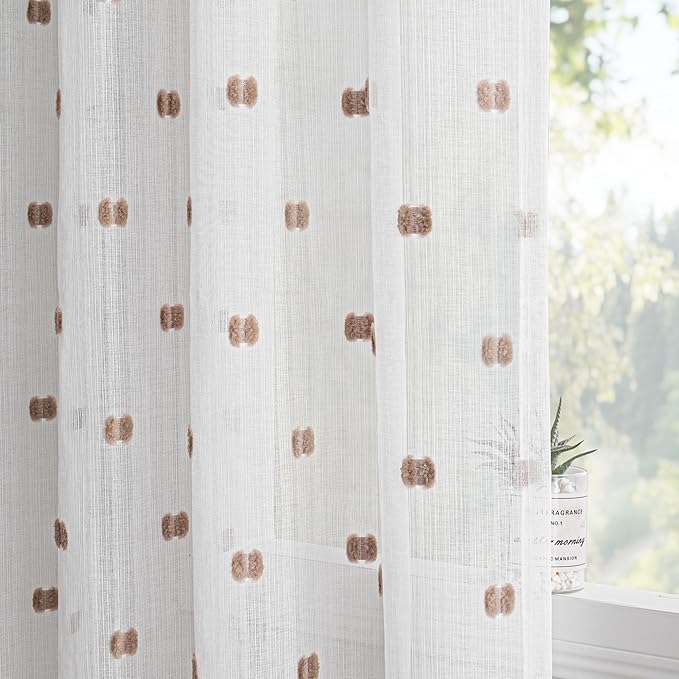 MYSKY HOME White Curtains for Bedroom 84 Inch Length Long Sheer Curtains for Living Room Nursery Curtains with Taupe Patched Design Rod Pocket Privacy Window Drapes Dining Room 52" x 84" 2 Panels