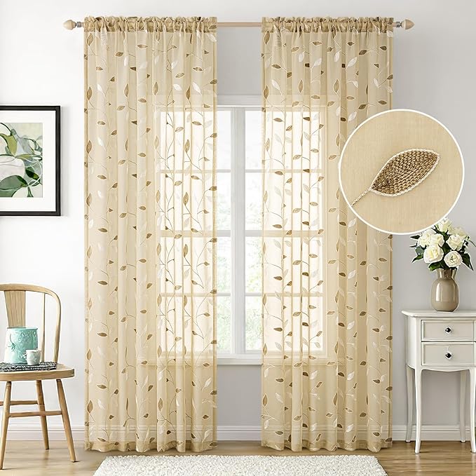 MIULEE Beige Sheer Curtains 2 Panels Embroidered Leaf Patterned, W52 x L84 | - Image 2