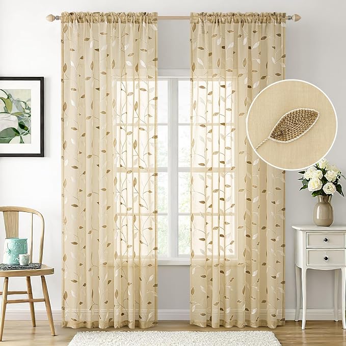 MIULEE Beige Sheer Curtains 2 Panels Embroidered Leaf Patterned, W52 x L96 | - Image 2
