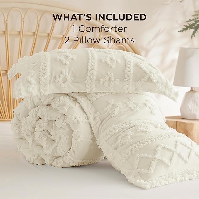 Bedsure Tufted Boho Comforter Set Queen Size - Ivory Boho Bed Set, GentleSoft™ 3 Pieces Farmhouse Shabby Chic Embroidery Bedding, Gifts for Woman, Soft Jacquard Queen Comforter for All Seasons