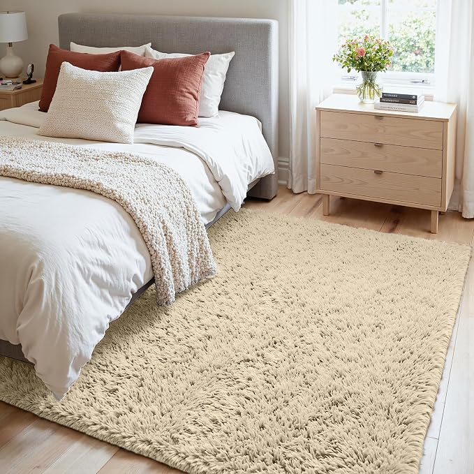 4x6 Fluffy Shag Area Rugs for Living Room Bedroom: Soft Plush Carpet Beige | - Image 2