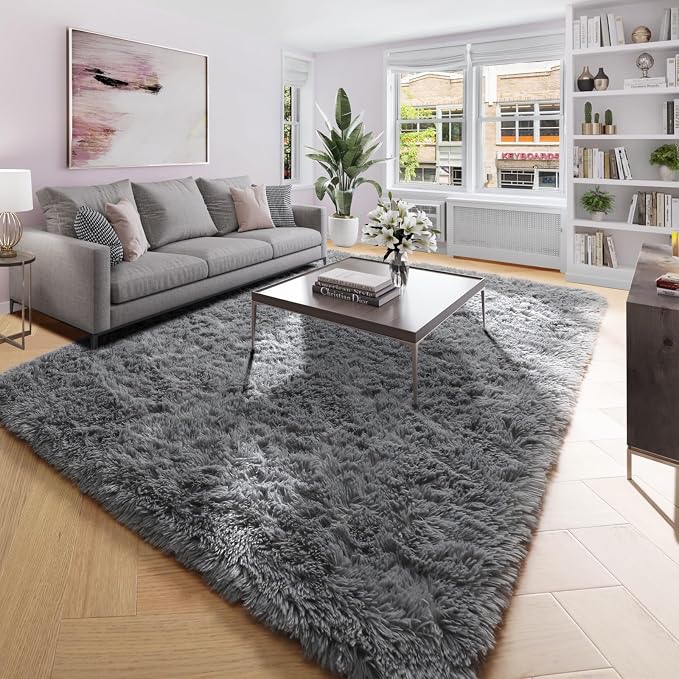 Amdrebio Grey Shag Furry Fuzzy Area Rug 5x8 - Image 4