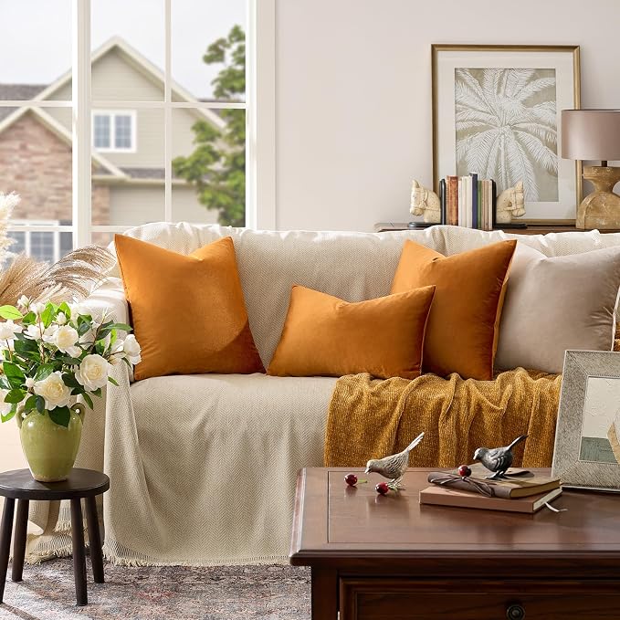 GIGIZAZA Orange Velvet Pillow Covers 18x18 Decorative Pillows Pack of 2 | Throw - Image 7