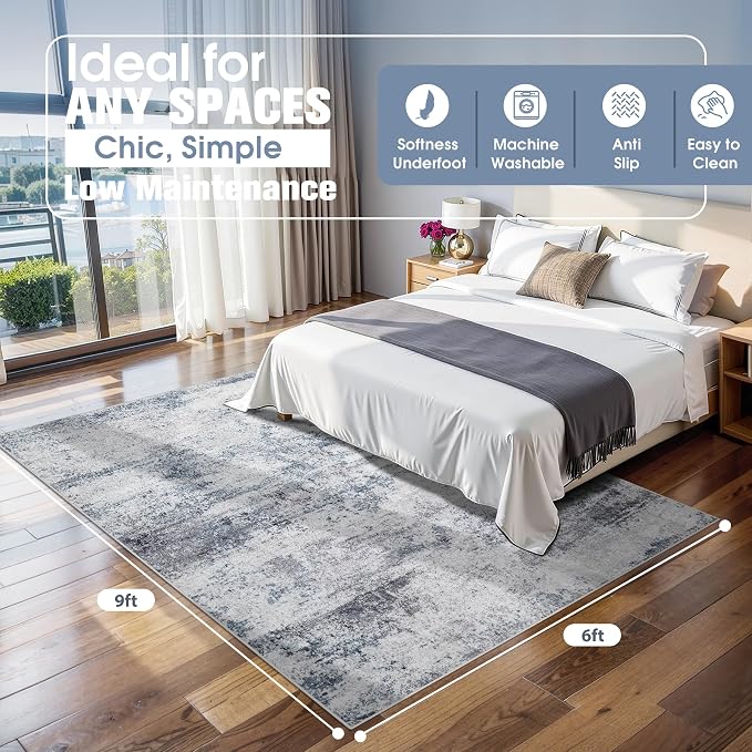 6x9 Area Rugs for Living Room Washable Bedroom Dining Room Blue Grey | Modern - Image 2