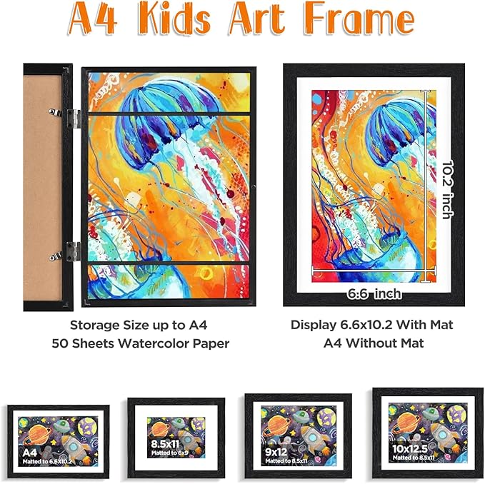 KINLINK A4 Kids Art Frames Set of 2, Solid Wood Kids Artwork Frames Changeable with Acrylic Front Opening Holds 150 Pictures 8.3x11.7, Art Frame for Kids Artwork with Mat or without Mat, Black