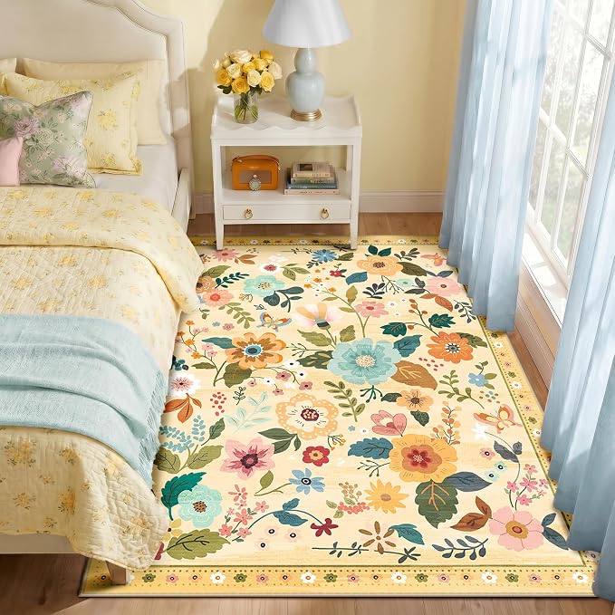 RELEANY Floral Washable 3x5 Area Rugs Ivory/Yellow | Flower Carpet Print Boho by RELEANY
