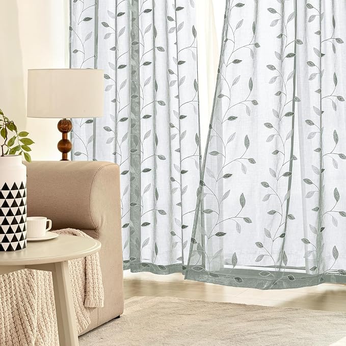 MIULEE Sage Sheer Curtains 2 Panels Embroidered Leaf Patterned, W52 x L84 | - Image 2
