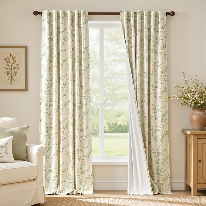 Blackout Vintage Floral Linen Curtains Green on Beige 50×96 2 Panels | Elisa by Lazzzy