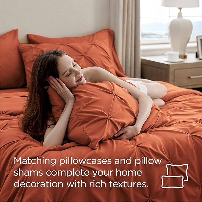 Bedsure Twin Comforter Sets - 5 Pieces Pintuck Bedding Sets Twin Size, Pinch Pleat Burnt Orange Bed in a Bag Twin with Comforter, Sheets, Pillowcase & Sham