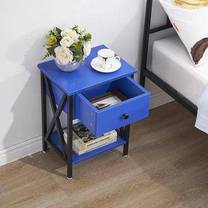 VECELO Nightstands Set of 2, Modern Bedside End Tables, Night Stands with Drawer and Storage Shelf for Living Room Bedroom, Industrial Metal Frame