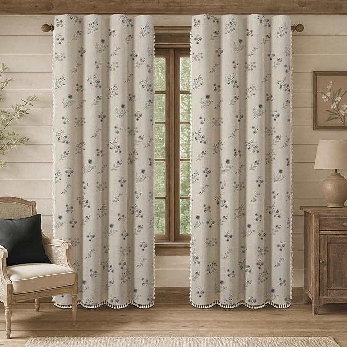Boho Floral 100% Blackout Curtains 84 Inch 2 Panels Black | Farmhouse Vintage - Image 2