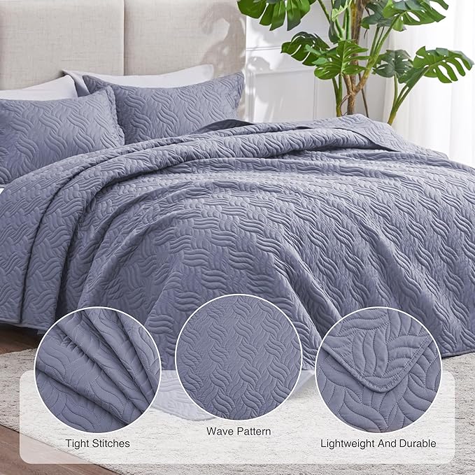 Love's cabin Quilts for Queen Bed Bluish Grey Bedspreads Bedding Set - Summer Lightweight Bedspread Comforter - Wave Pattern Bedding Coverlet for All Season - 3 Pieces (1 Quilt, 2 Pillow Shams)