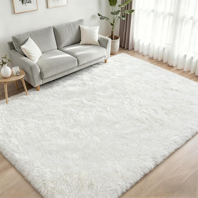 Area Rug Living Room Bedroom: 4x6 Fluffy Plush Shag Carpet Ivory | - Image 2