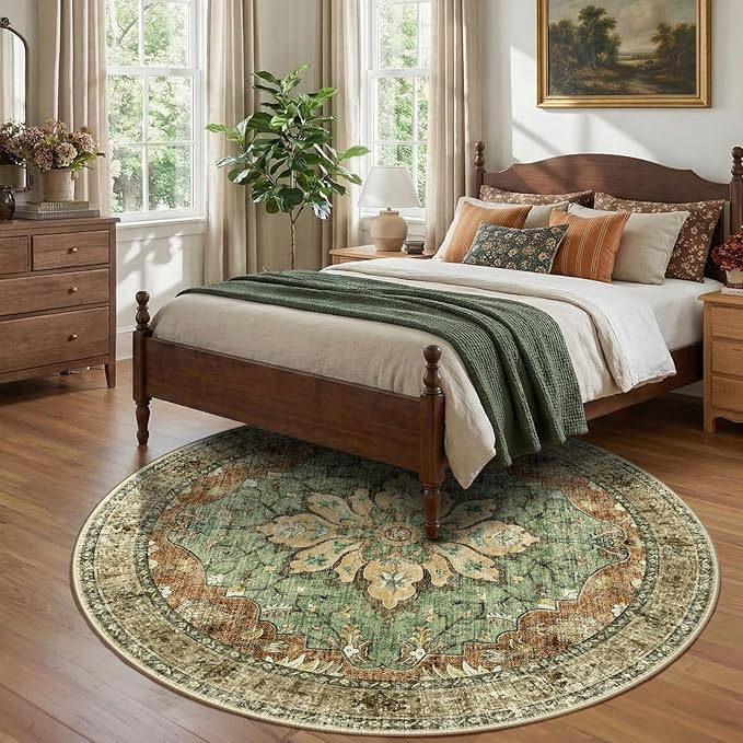 RELEANY Washable Area Rug, Round 8ft, Brick/Brown/Green | Non-Slip, Water - Image 3