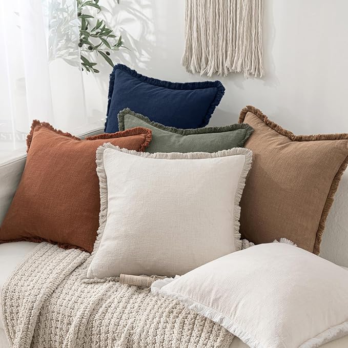 MIULEE Linen Fringe Decorative Euro Throw Pillow Covers Dark Navy 26x26 | Set - Image 5