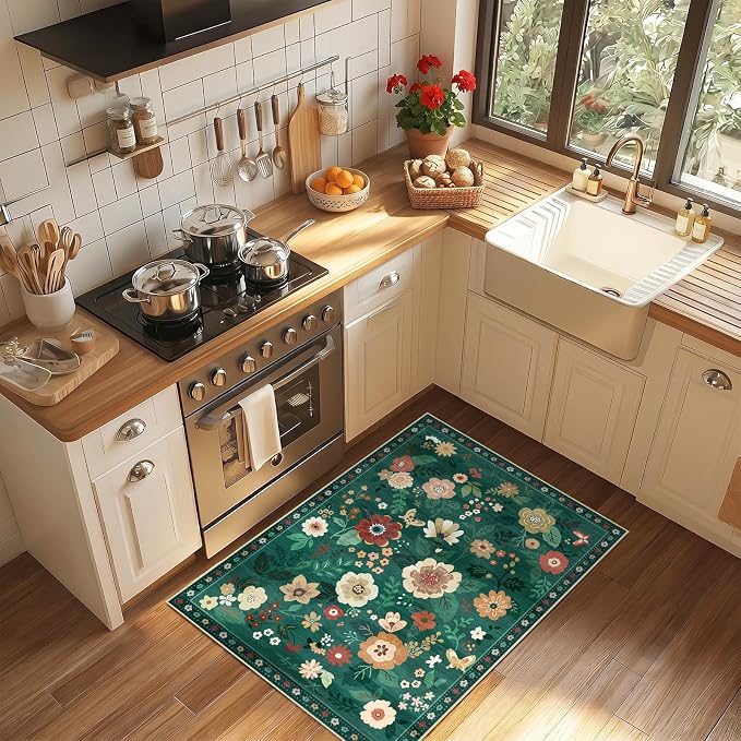 RELEANY Floral Washable 2x3 Area Rugs Doormat DarkGreen | Flower Carpet Print - Image 6