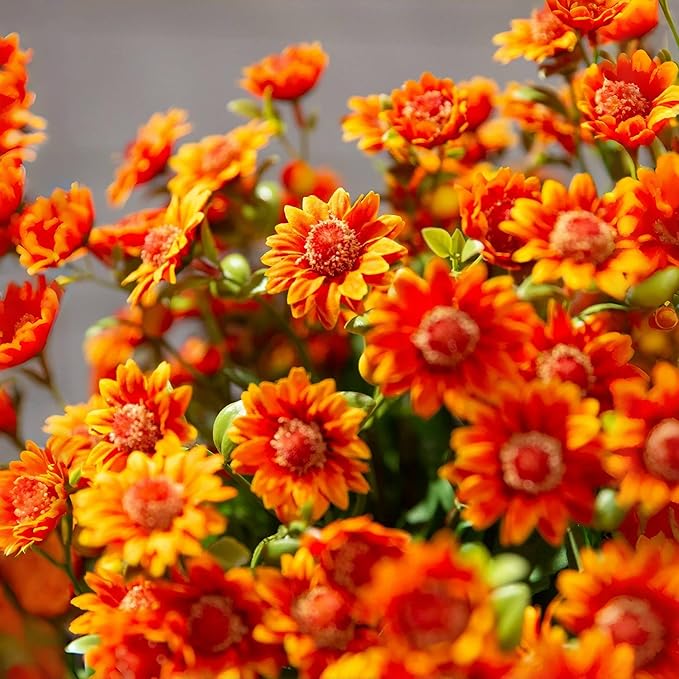 Artificial Mums for Outdoors, Faux Sunset Mum Flowers Planters for Indoor Outside Decor, Fake Look Real, Vibrant, UV Resistant, Waterproof, Windproof (1Mix, 10 Bundle)