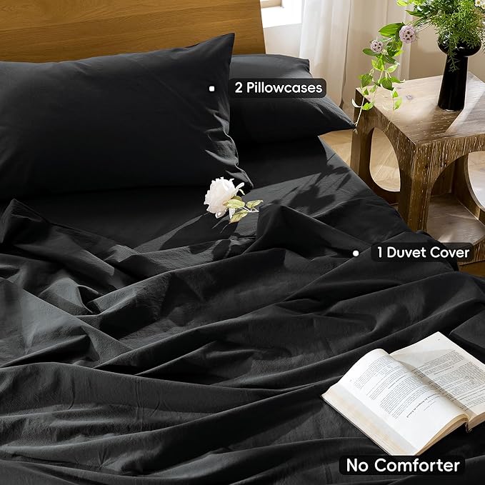MooMee Bedding Duvet Cover Set 100% Washed Cotton Linen Like Textured Breathable Durable Soft Comfy (Solid Black, Full 80"x90")