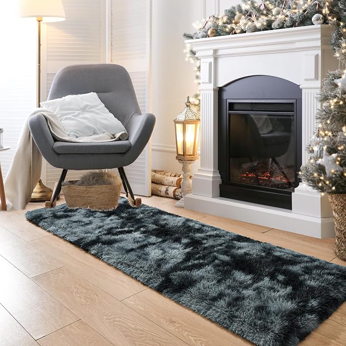 2x6 Tie-Dyed Black and Grey Fluffy Runner Rug Non-Slip - Image 6