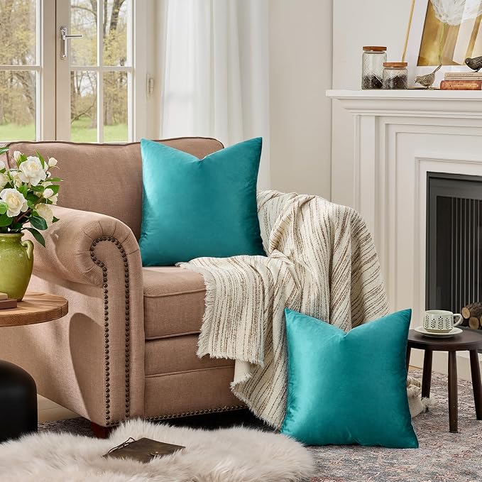 GIGIZAZA Teal Velvet Pillow Covers 16x16 Decorative Pillows Pack of 2 | Blue - Image 6