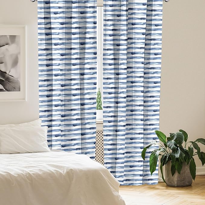 Ambesonne Harbour Stripe Window Curtains, Watercolor Style Paintbrush Stripes Sea Marine Life Lines Image, Lightweight Decor 2-Panel Set with Rod Pocket, Pair of - 28" x 63", Blue Night