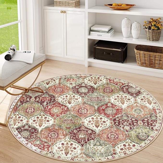 Lahome Moroccan Washable Round Area Rug, Soft Round Rug 5ft Non-Slip | Trellis by Lahome
