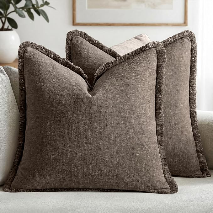 MIULEE Linen Fringe Decorative Fall Euro Throw Pillow Covers Coffee 24x24 | Set by MIULEE
