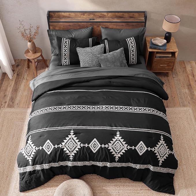 MaiRêve Oversized Queen Comforter Set Charcoal Black, Embroidery Western Bedding Set Boho 7 Pieces, Farmhouse All-Season Bed in A Bag with Sheets, Pillowcases & Shams