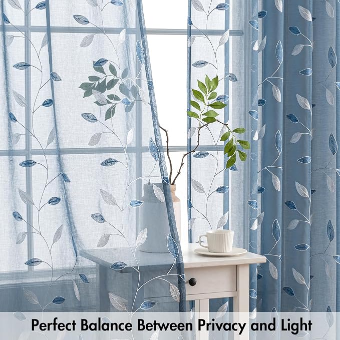 MIULEE Stone Blue Sheer Curtains 2 Panels Leaf Patterned, W52 x L96 | - Image 5