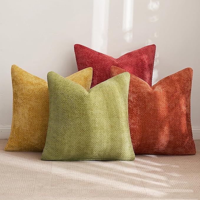 MIULEE Soft Decorative Chenille Fall Pillow Covers Rust Yellow Green 18x18 | - Image 4