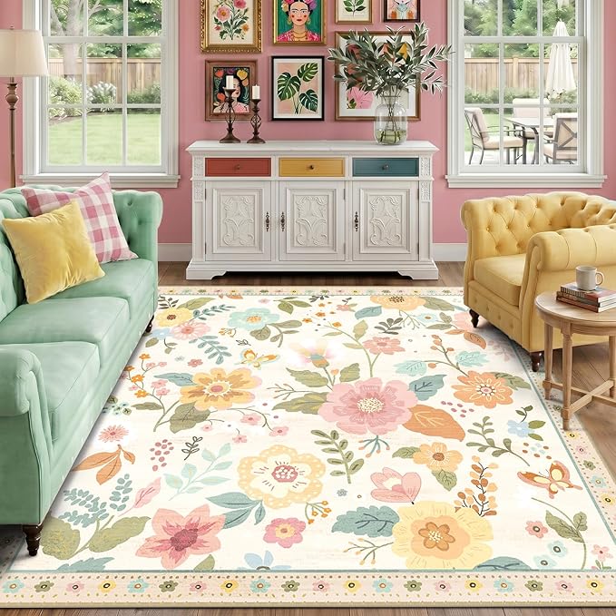 RELEANY Floral Washable Square 8ft Area Rug Beige/White/Orange | Flower Carpet by RELEANY