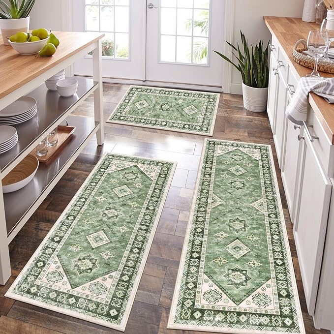 HEBE Boho Kitchen Rugs Set of 3, Non Slip Washable Kitchen Mats by HEBE
