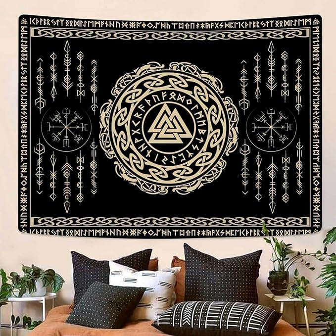 OSUNBD Nordic Viking Tapestry Wall Hanging - Small 40x30inches Soft Flannel with Valknut, Celtic Runes & Norse Mythology Scandinavian for Bedroom, Living Room Decor