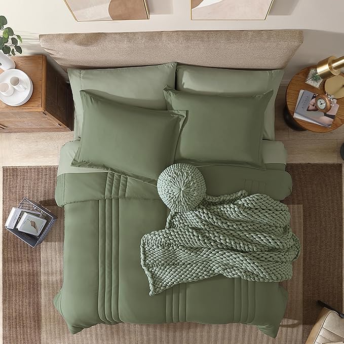Monbix Queen Comforter Set - 7 Pieces Light Sage Green Bed in a Bag Queen Bedding Sets with Comforters, All Seasons Down Alternative Comforter Bed Set with Sheets, Pillowcases & Shams