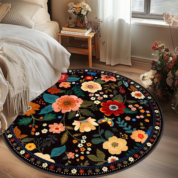 RELEANY Floral Washable Round 8ft Area Rug Black | Flower Carpet Print Boho - Image 2