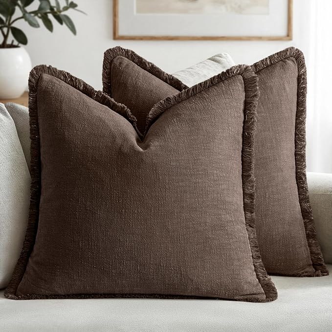 MIULEE Boho Linen Fringe Decorative Fall Pillow Covers Reddish Brown 26x26 | by MIULEE